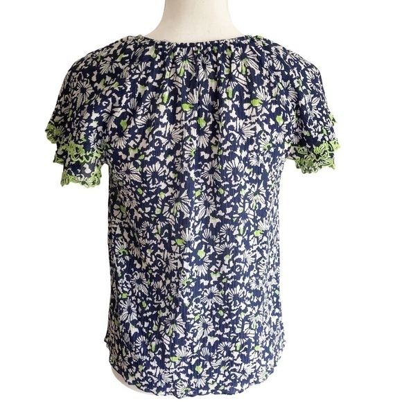 Tanya Taylor Silk Blue Floral Tiered Short Sleeve Pullover Top Small - Picture 5 of 16